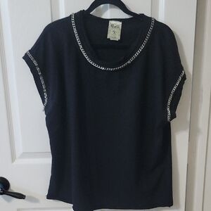 Vocal Black Short Sleeve Top with Silver Chain Detail